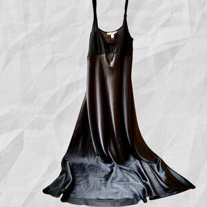 Flora Nikrooz Black Long Nightgown Gown Lace Adjust Strap Sheer Portion Tie sz L